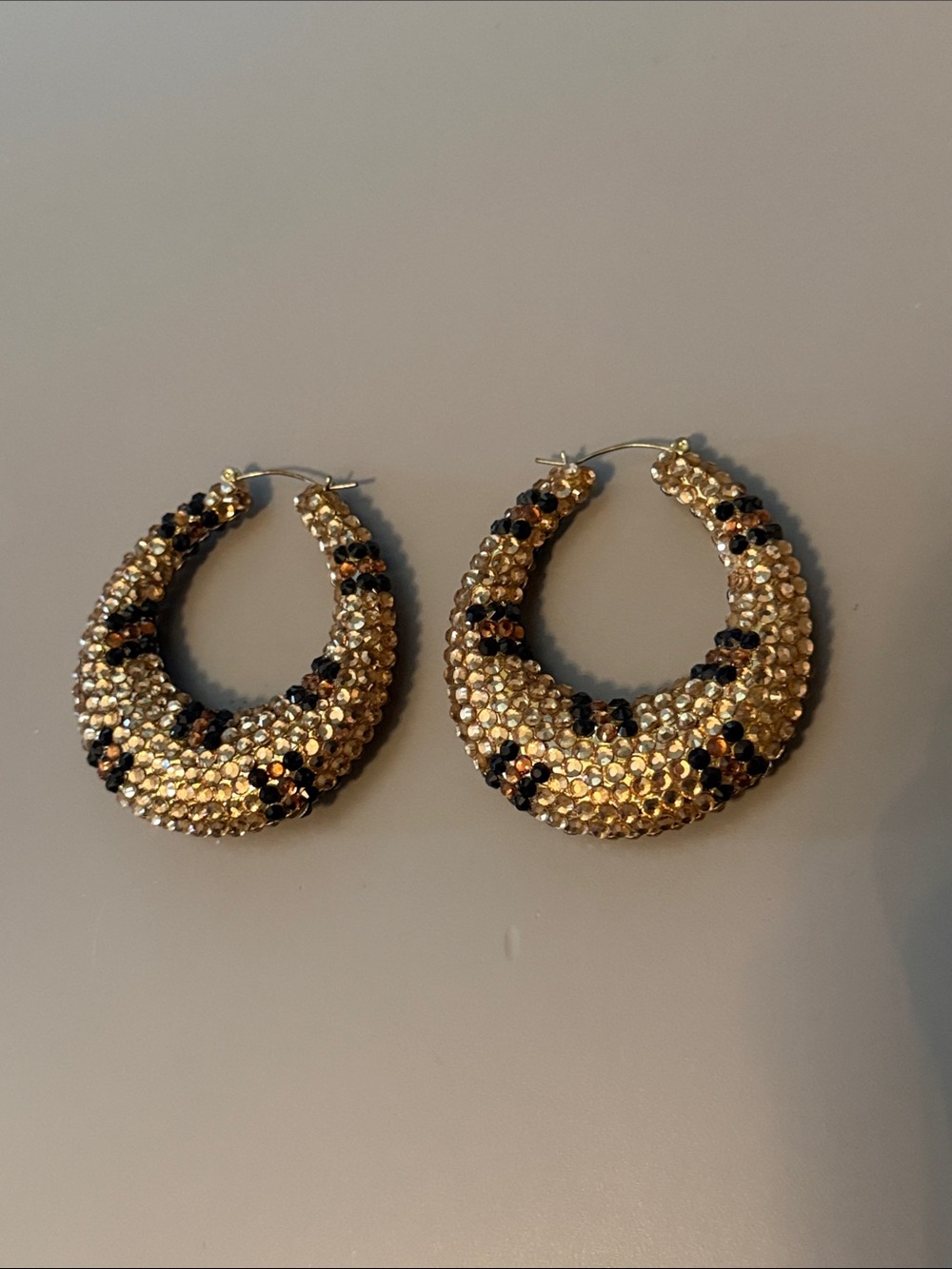 Large Gold and Black Leopard Crystal Hoop Earrings